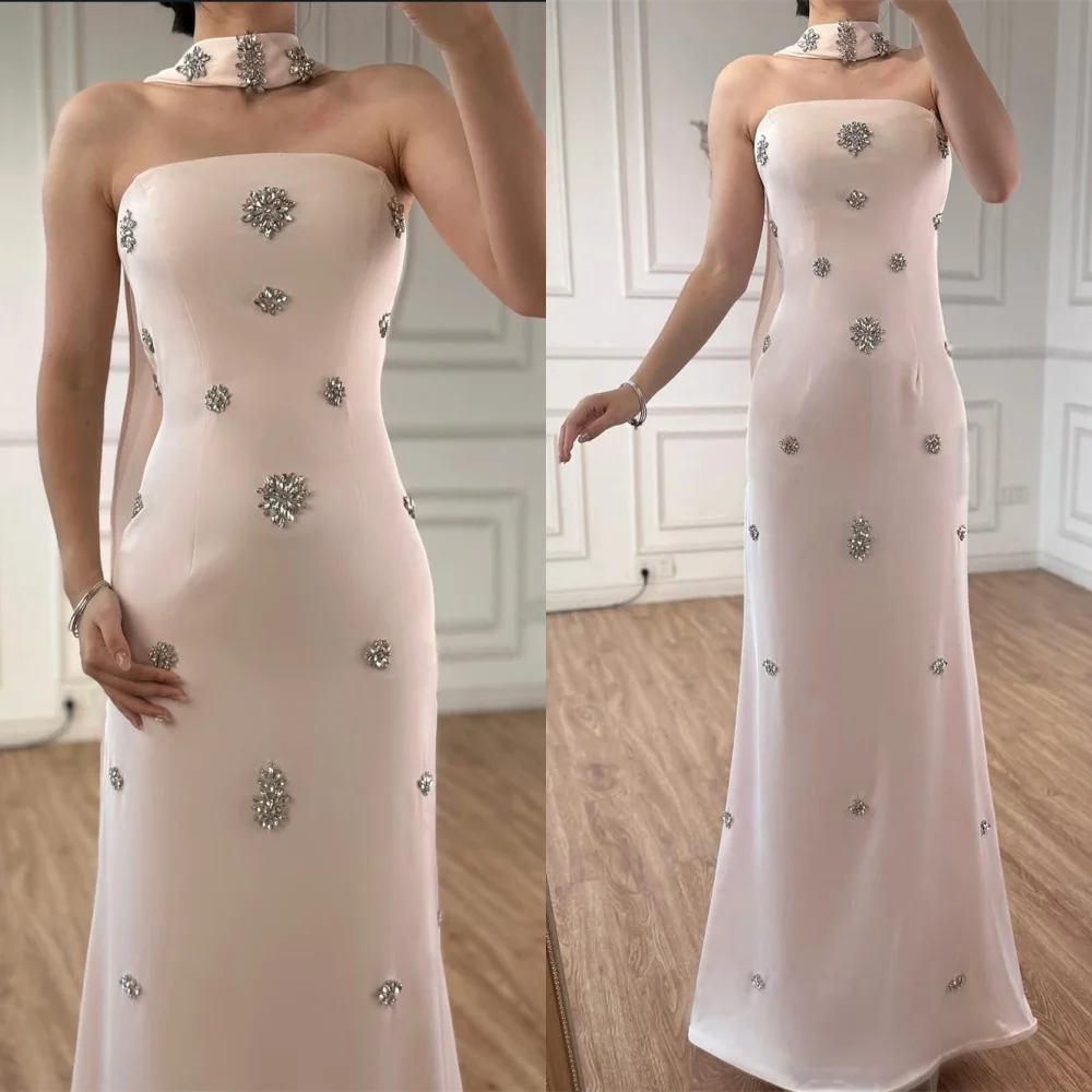 

Customized Romantic Jersey Evening Dress Classic Strapless Sleeveless Homecoming Dresses Exquisite Sweep Train Vestido De Festa