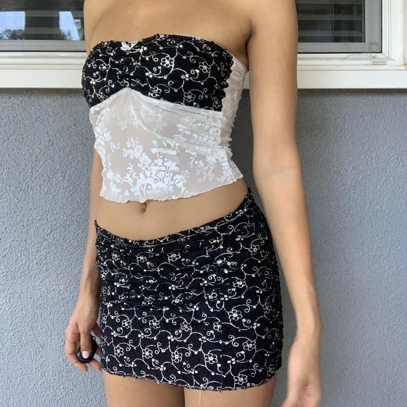 Indie Bloemen Leuke 2 Delige Set 90S Vintage Lace Trim Strapless Tube Crop Tops Backless Camis + Wrap Mini rok Y2K Fairy Grunge