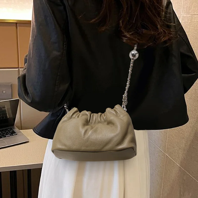 

Genuine Cowhide Dumpling One-Shoulder Cross-Body Women's Bag Soft Leather Drawstring Armpit Cloud Pleated Chain One-Shoulder
