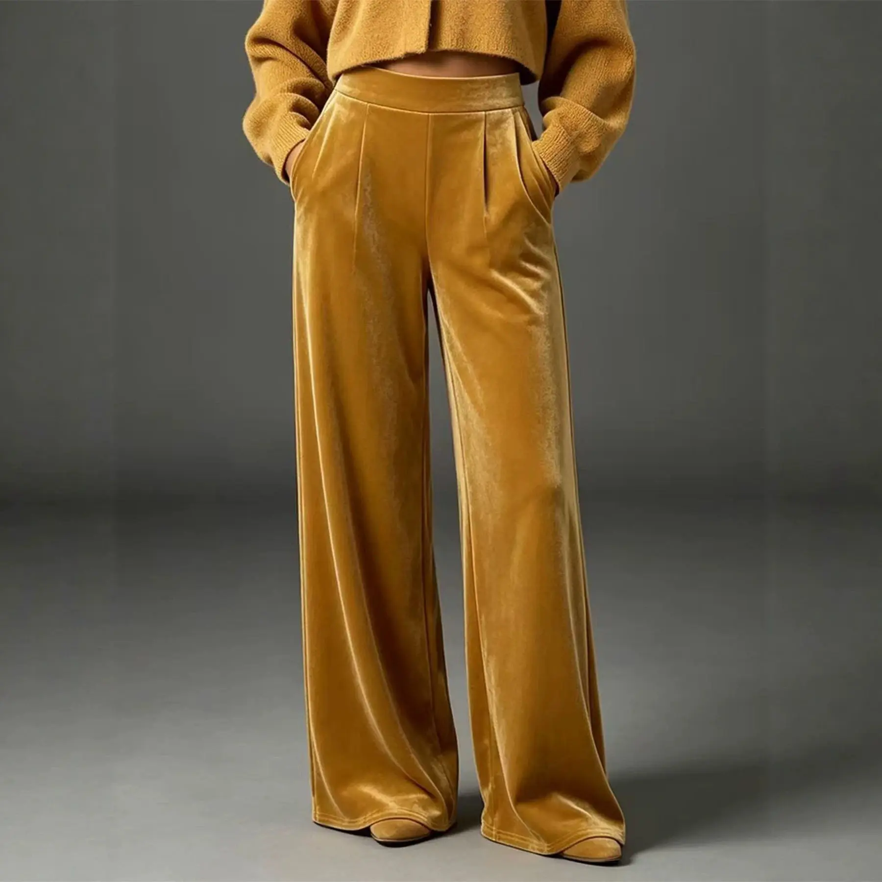 High Waist Wide Leg Women's Pants 2026 Spring Autumn New Velvet Casual Pants Loose Fit Soft Elegant Daily Trousers With Pockets