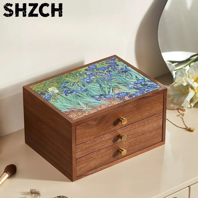 Wooden Jewelry Box with Oil Painting Artwork Delicate Premium Storage Case for Necklaces, Rings, Earrings, Elegant Organizer Box