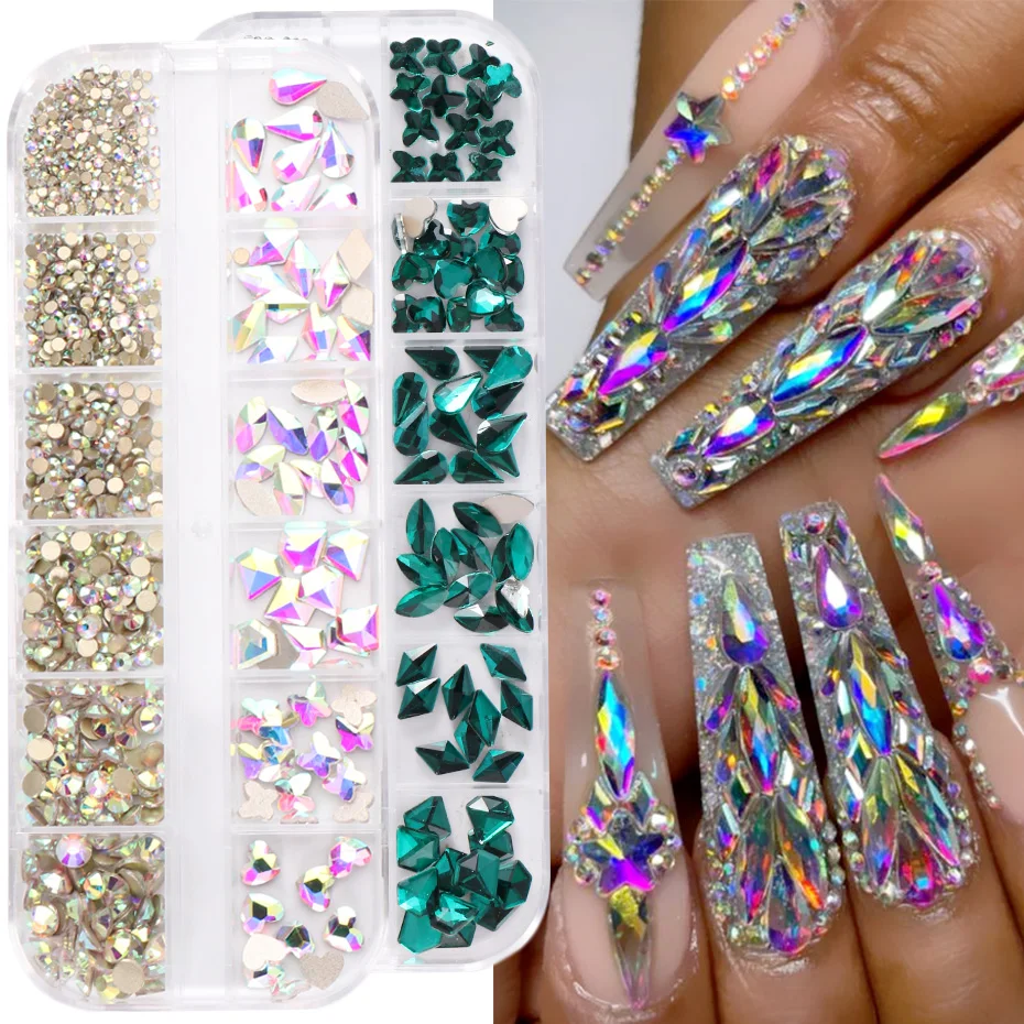 

12 Grids Multi Size Nail Rhinestone AB/Colorful Flatback Crystal Diamond Shiny 3D Glitter Gems Luxurious Nail Art Decor BEZSHZ