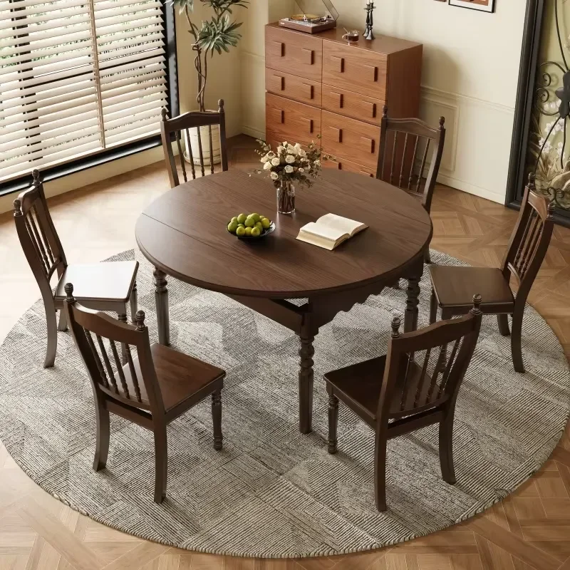 Solid Wood Convertible Extendable Folding Round Dining Table and Chair Set for Apartment Small Family Living Room Hotel Use