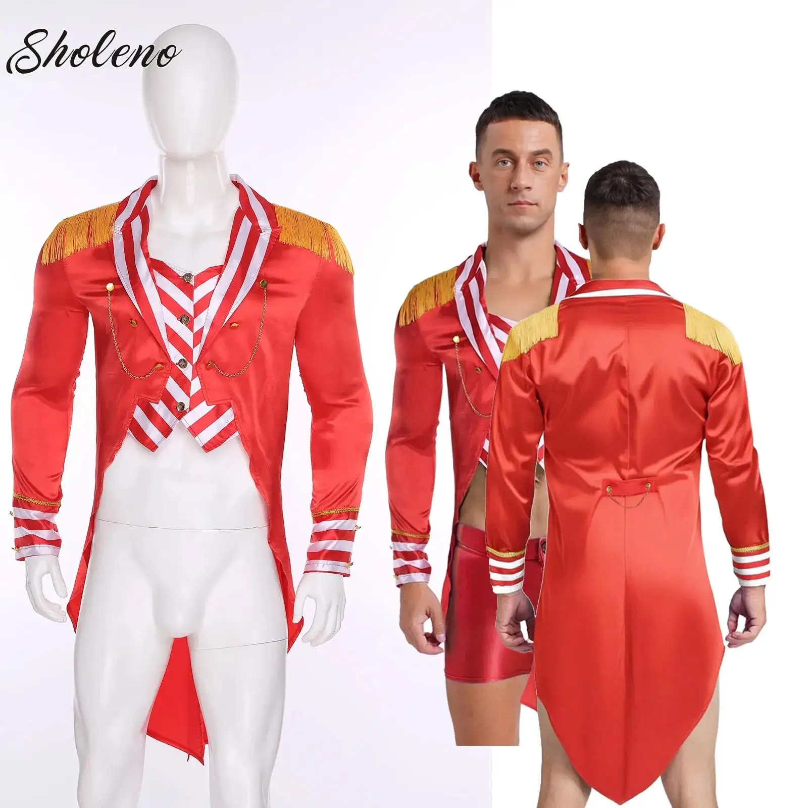 

Mens Circus Ringmaster Showman Costume Halloween Lion Tamer Tailcoat Long Sleeves Tassel Epaulets Swallow-tailed Coat Jacket