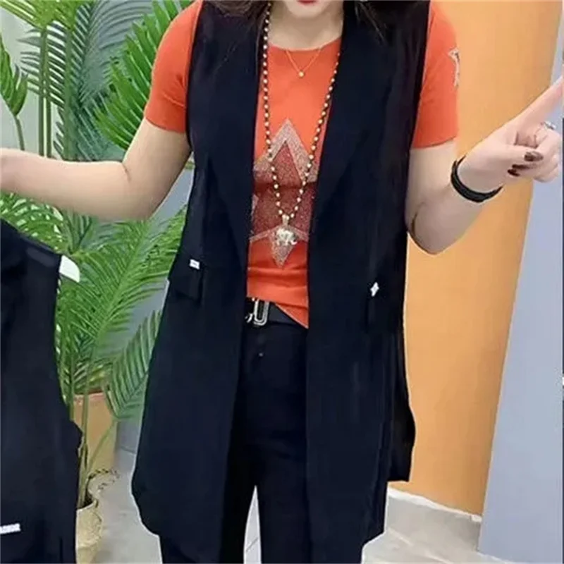 2024 New Mid-Length Black Sleeveless Vest Women\'s Summer Foreign Style Fashion Casual Fashion Suit Jacket Female Top Size 6XL