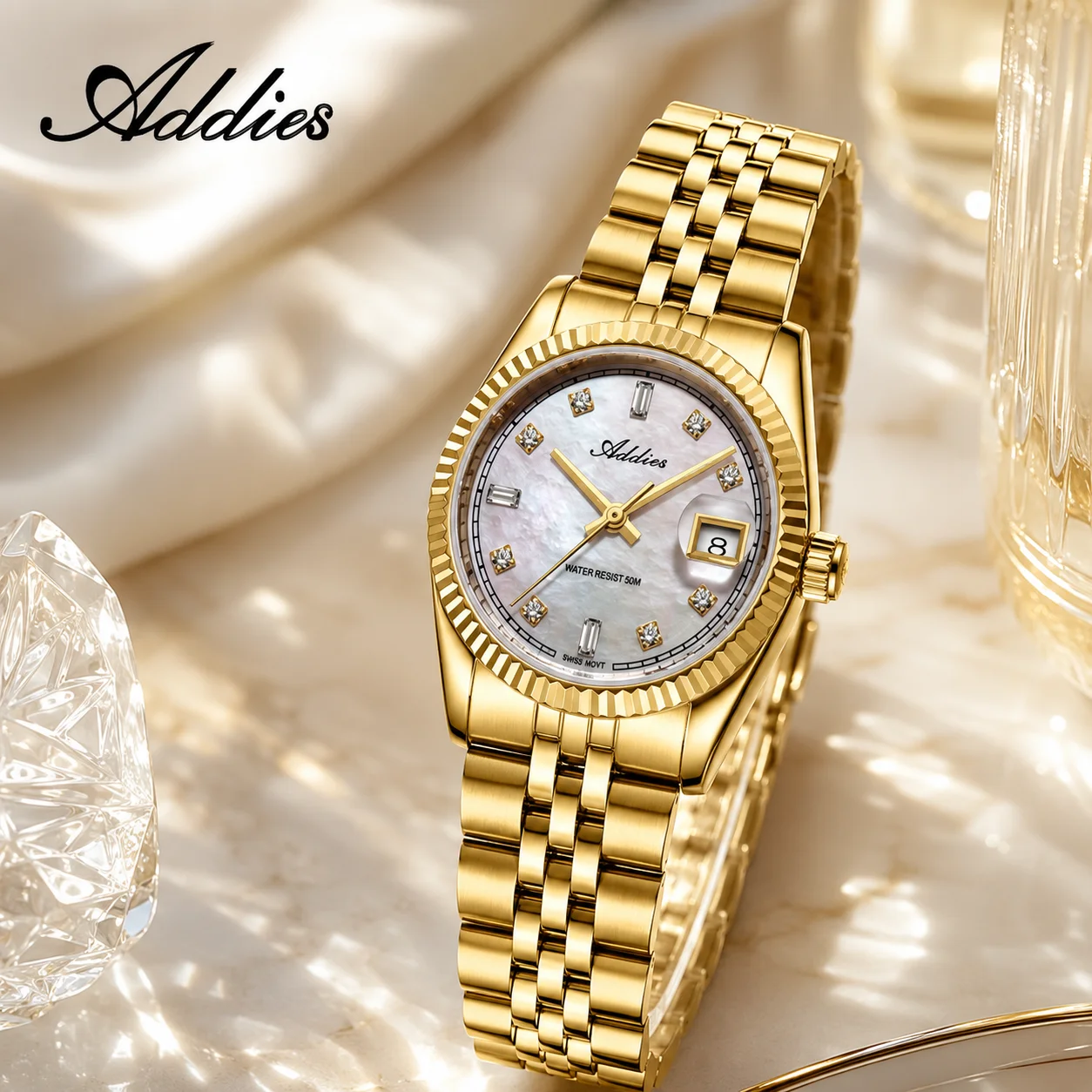 ADDIES Stainless Steel Date Display AW25905 Wristwatches Czech Rhinestones Sapphire Glass Watches Waterproof Gold Watch Ladies