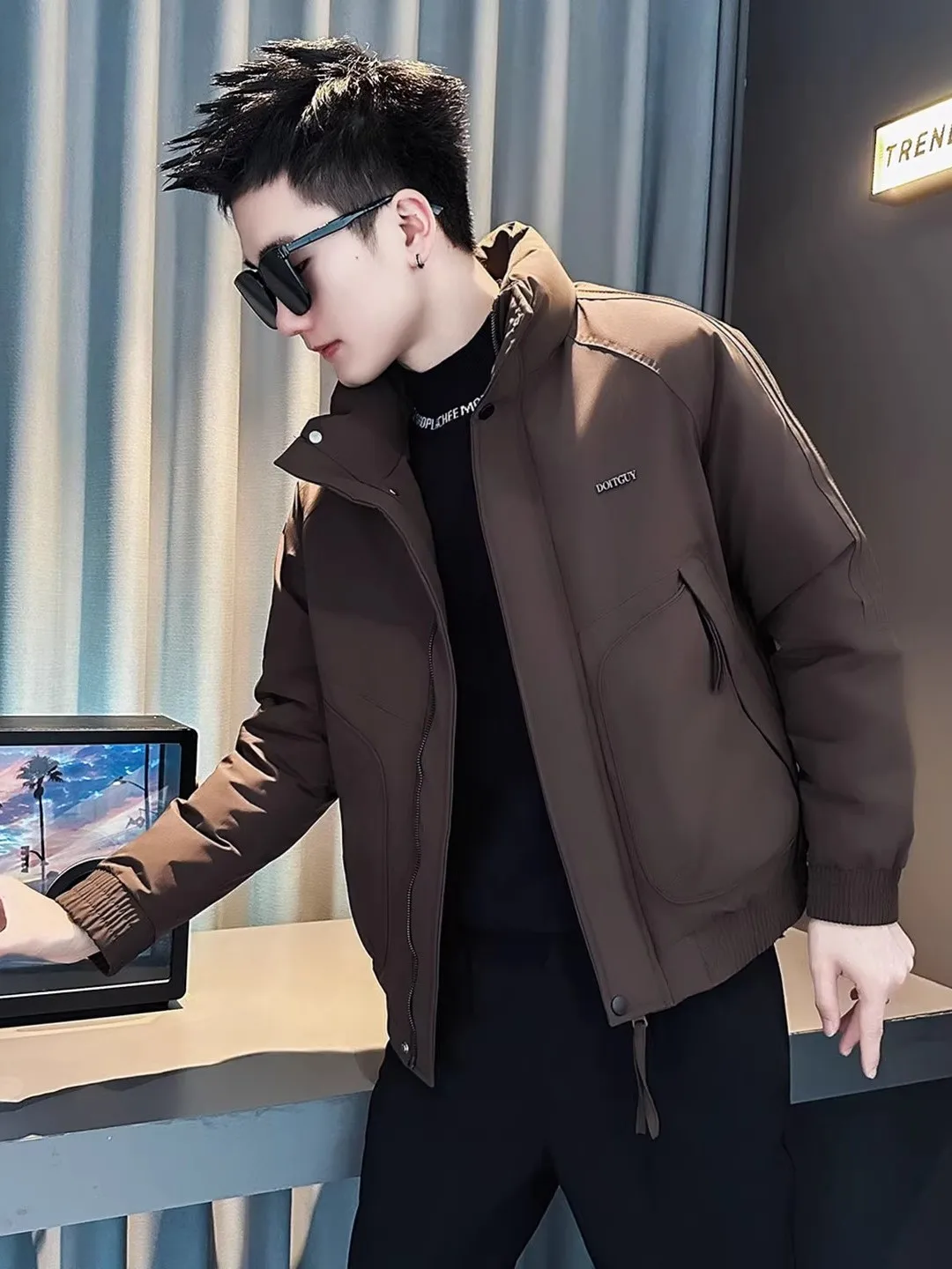 

Зимняя утепленная хлопковая куртка для мужчин: повседневная рабочая одежда с длинными рукавами, на молнии, теплая, молодежная, приталенного кроя