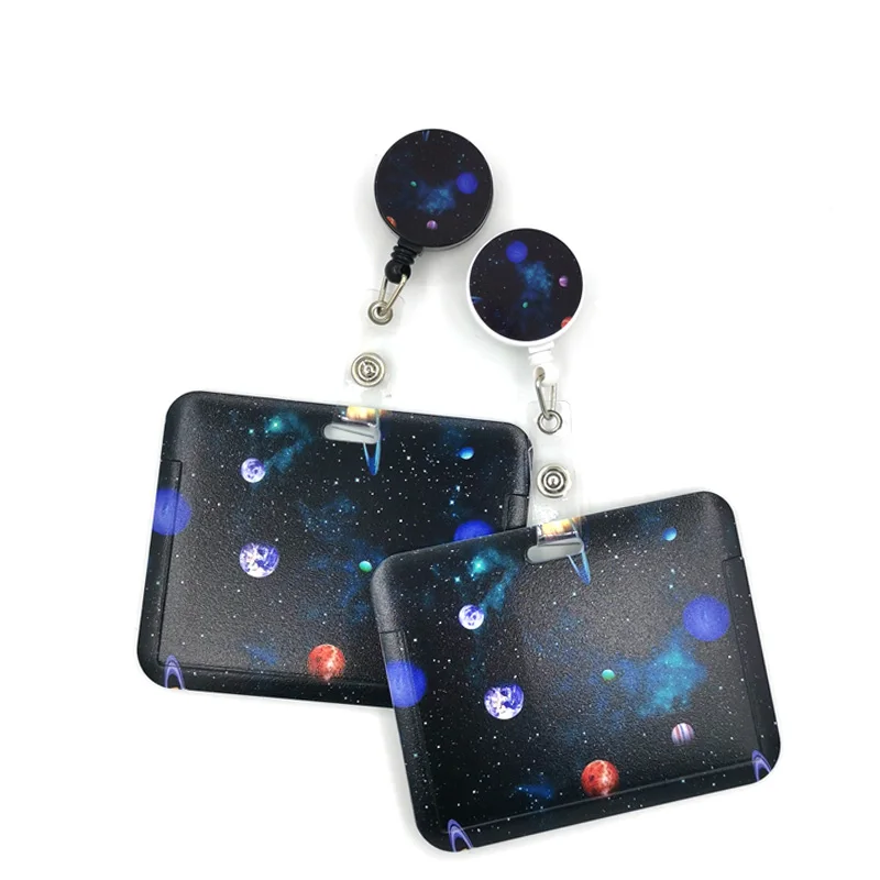 Universe Moon Space ID Retractable Badge Holder Reel ID Badge Holder Clip Key Ring for Name Card Keychain Nurse Work Decorations