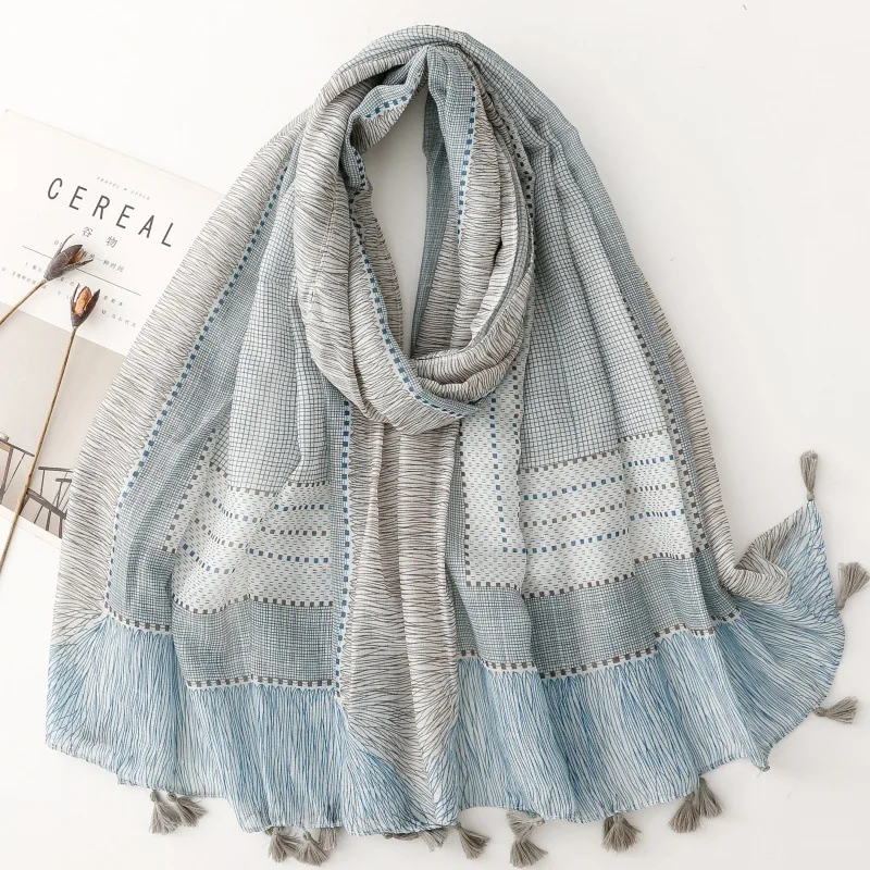 

Sweet Blue Grey Geometric Plaid Scarf Hand Drawn Pattern Tassel Travel Scarf Shawl