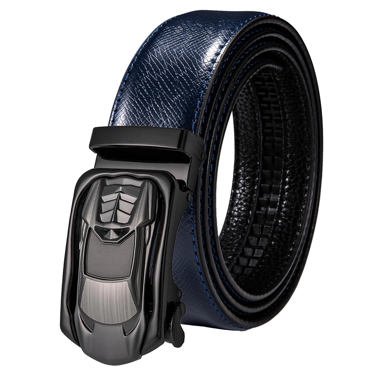 Hi-Tie Mens Belts Blue Navy Orange Genuine Leather Automatic Buckle Men Belt Adjustable Waistband For Dress Jeans Wedding Party