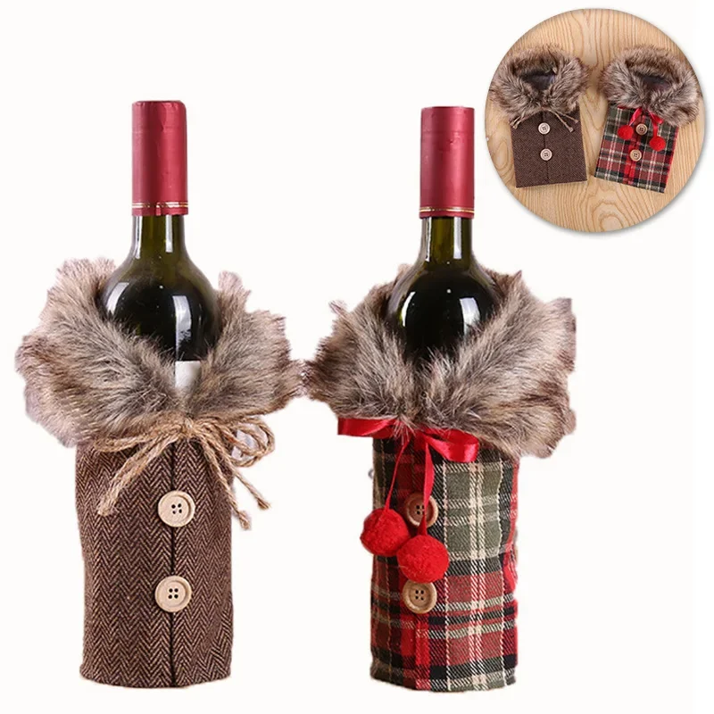 1PC Christmas Wine Bottle Covers Bow Hemp Wool Collar Champagne Bottle Cover For Xmas New Year Party Home Dinner Table Decor