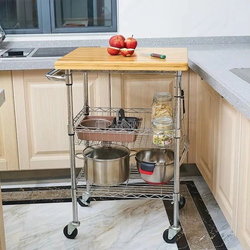 Carrinho de bambu removível com fio cromado, metal, cozinha, serviço de alimentos e bebidas, carrinho com rodas