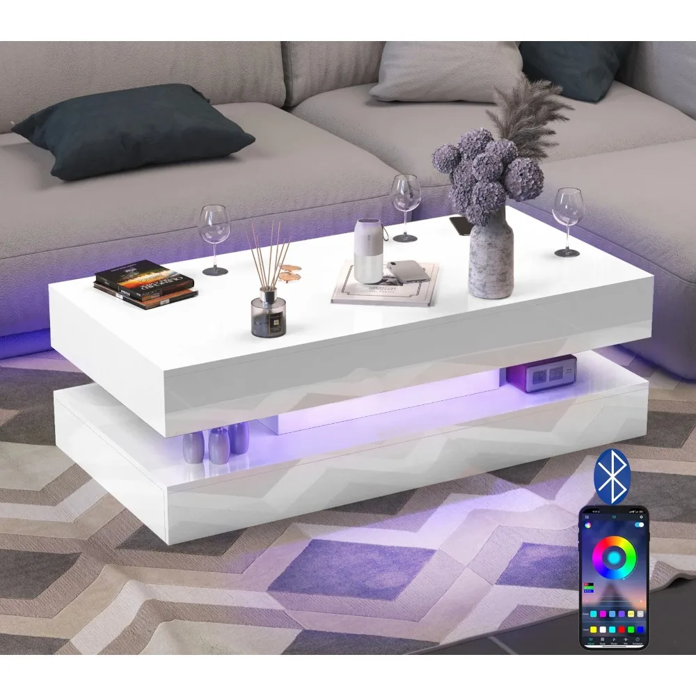 

47.2 High Glossy LED Coffee Table,Modern Center Table with 2 Storage Drawers for Living Room