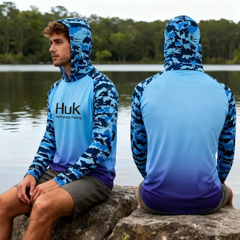 HUK قمصان الصيد الرجال هوديي تي شيرت الصيف ملابس الصيد التخييم التنزه Upf 50 + حماية من الشمس تنفس Camisa De Pesca #1