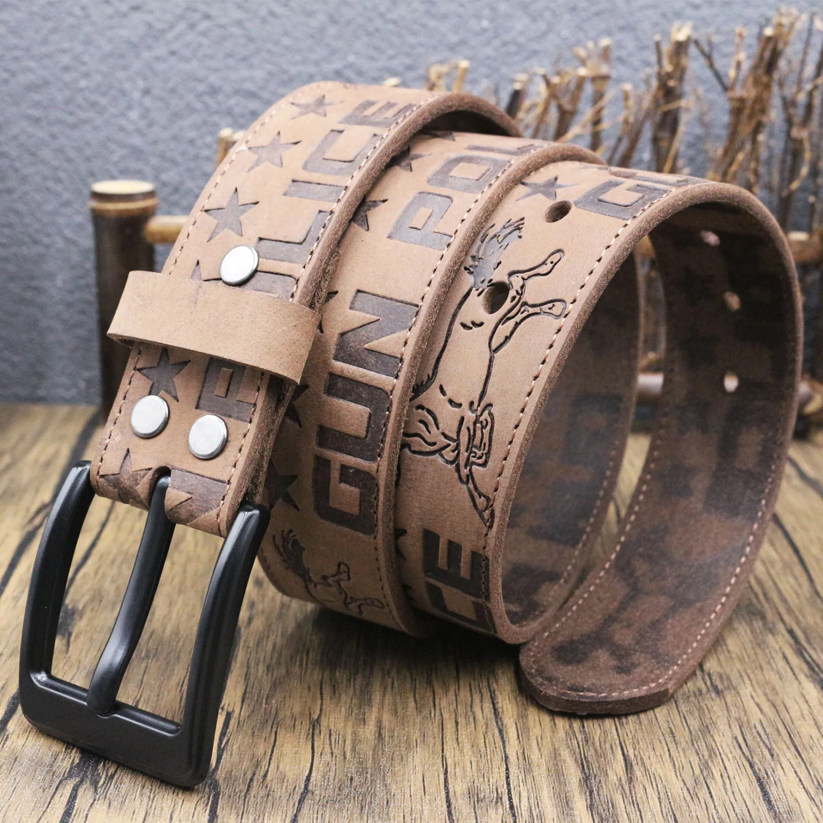 Rugged Full Grain Cowhide Waist Belt Letter Horse Star Embossed Leather Belt for Men, Retro Square Pin Buckle Durable Motorcycle