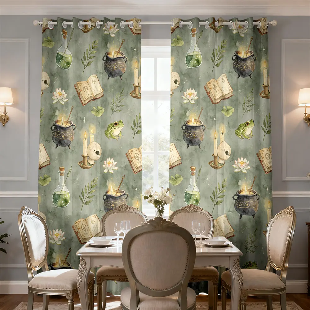 90-gram, two-piece printed curtain with magical element patterns for decoration. Machine-washable