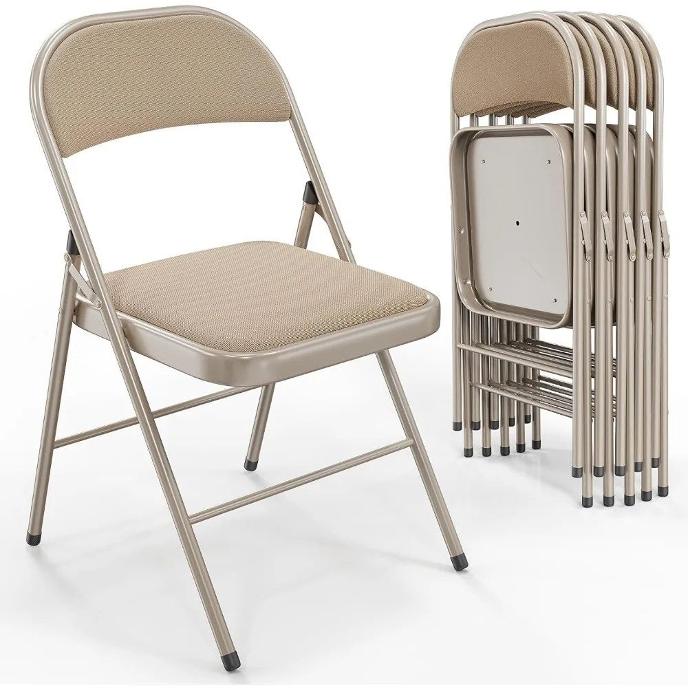 

6 Pack Folding Chairs with Padded Seats, Metal Frame with Fabric Seat & Back, Capacity 350 lbs, Khaki, Set of 6