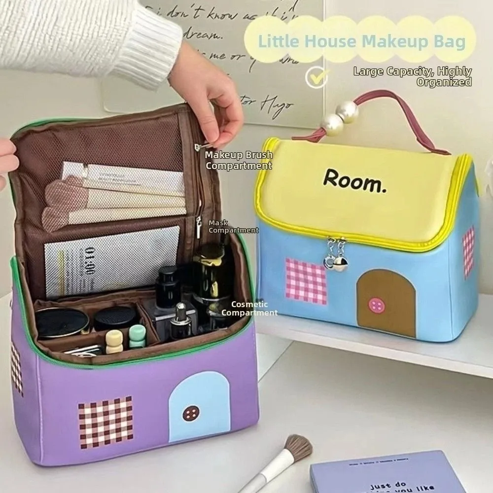 

Large Capacity House Shape Makeup Bag Polyester Cute Cosmetic Case Easy Carry Dopamine Color Travel Makeup Handbag for Women