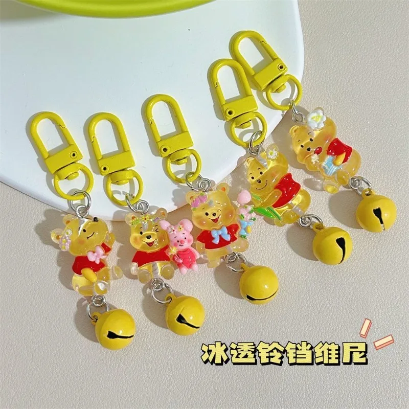 Disney Cartoon Cute New Ice Winnie Bear Keychain Anime Resin Yellow Bell Boys and Girls Cute School Bag Pendant Girly Heart