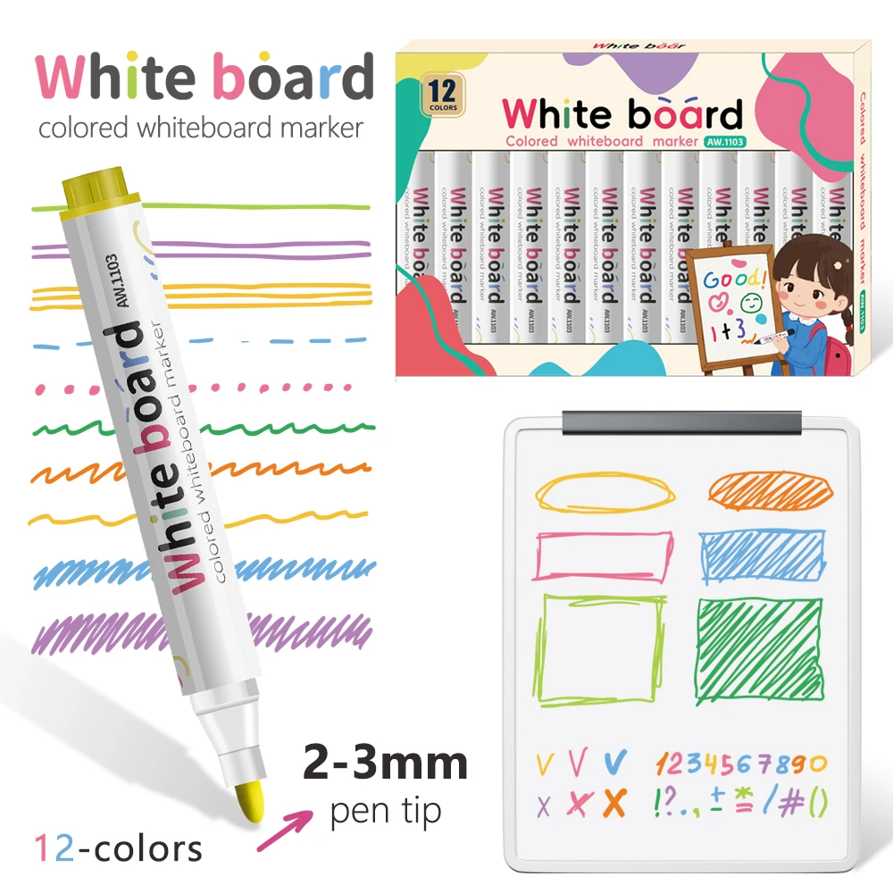 

12 Pen 3mm Pen Tip Colored Whiteboard Pen With Large Capacity Easy Write And Erase Teaching Black Board White Board Pen