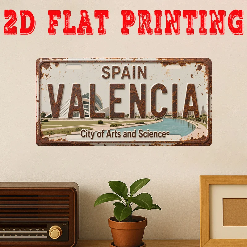 Spain Valencia City of Arts and Sciences 2D Flat Printing License Plate Style Metal Tin Sign, Modern Spanish Cityscape Themed
