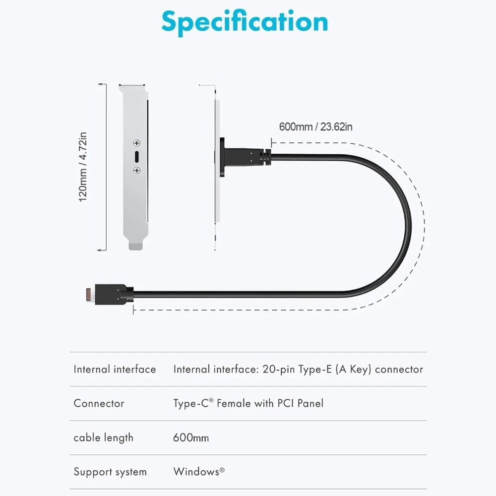 20Gbps USB 3.2 Gen2x2 Motherboard Header Cable USB-C Female to USB3.2 Type-E Key A 20Pin Adapter Cable With PCIe Slot Bracket
