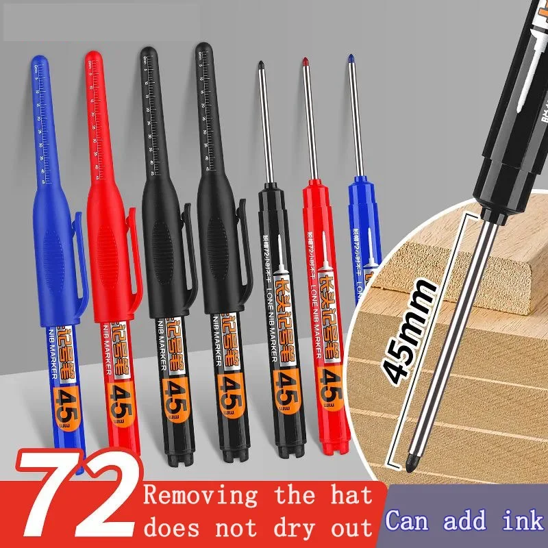 10PCS 45mm Tip Waterproof Long Head Marker Pen Quick-Dry Ink for Woodworking Construction, Deep Hole Non-Toxic Black Red Blue