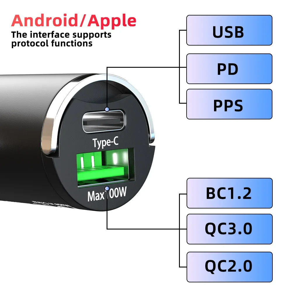 GEFENSI Type_c+Max100W Charger Adapter Cigarette Lighter USB Charger Fast Charging [PD QC 3.0] Car Phone Charger For IPhone And