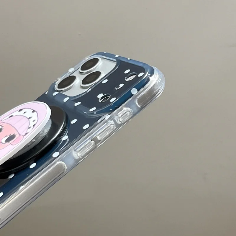 Simple Black Polka Dots Magnetic Phone Case For iPhone 17 Pro 16 15 14 Pro Max Cover with Cute Girl Stand Protective Cases For M