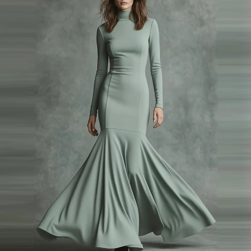 

Повседневные женские длинные платья с длинным рукавом, модная водолазка, однотонное платье «рыбий хвост», элегантное плиссированное облегающее вечернее платье с высокой талией
