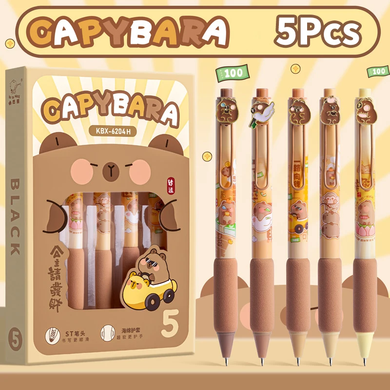 5Pcs Kawaii Capybara Pressing Gel Pens Set Metal Cartoon Patch 0.5mm Black Ink Ballpoint School Stationery Office Accessories