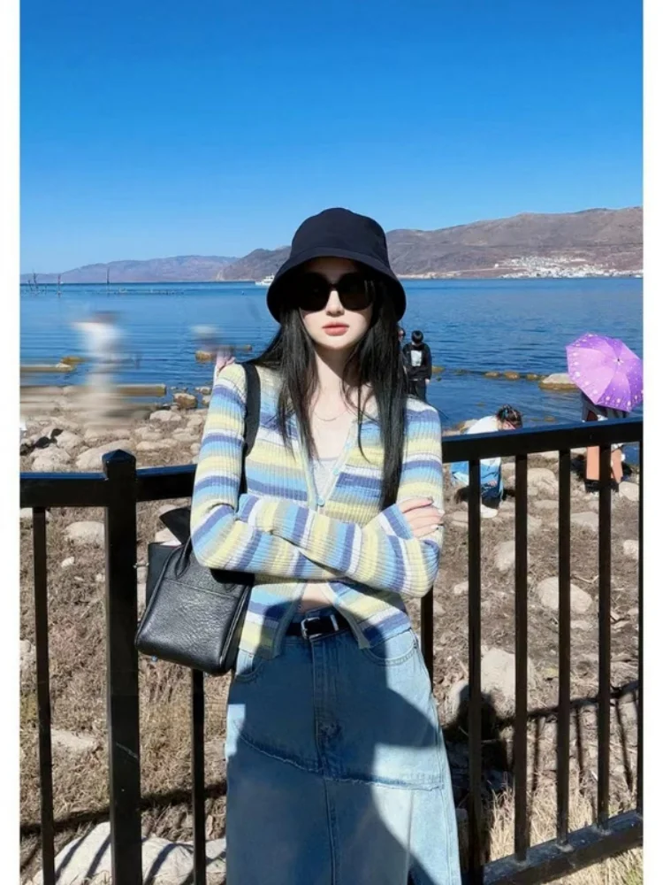 

Fashionable Gradient Stripe Knitted Sun Protection Open Cardigan Women's Spring Summer New Style Casual Long Sleeve Top Coat
