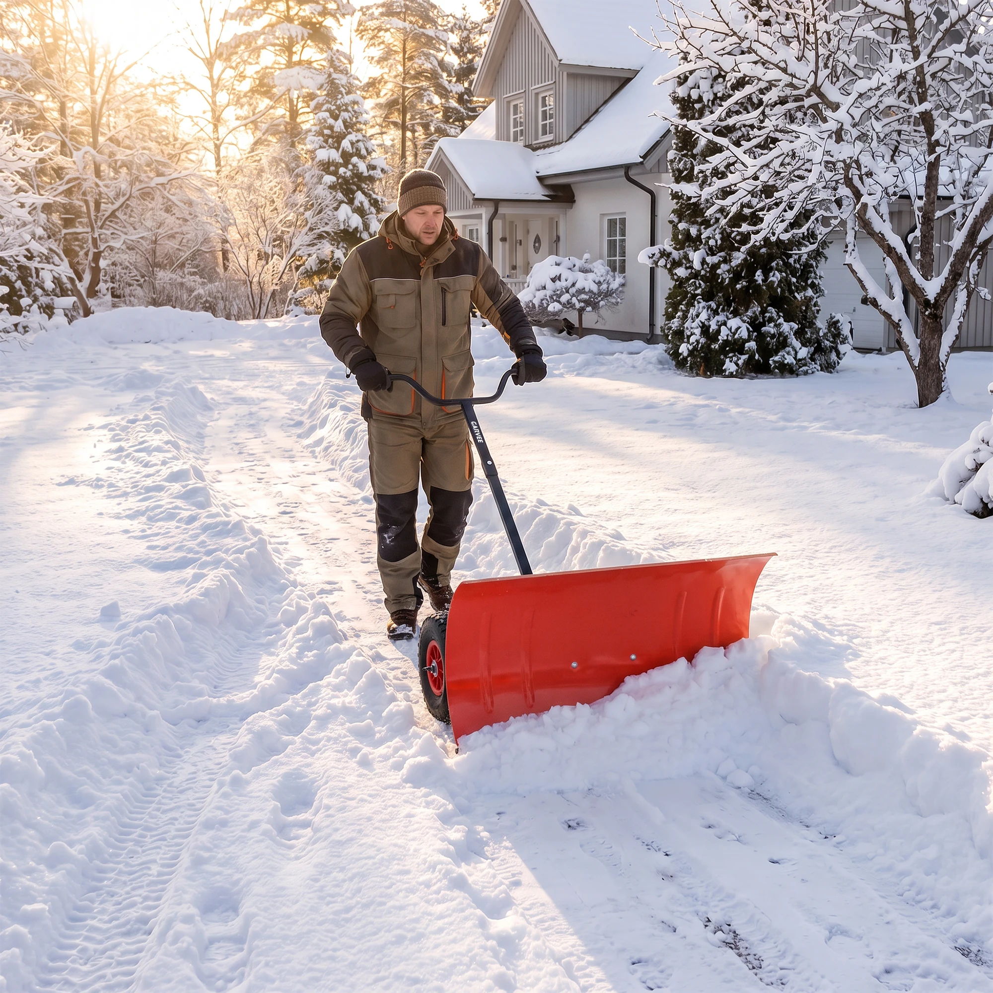 29-Inch Wheeled Snow Shovel – Orange Scoop & Hub, Single Handle for Effortless Driveway & Sidewalk Snow Removal