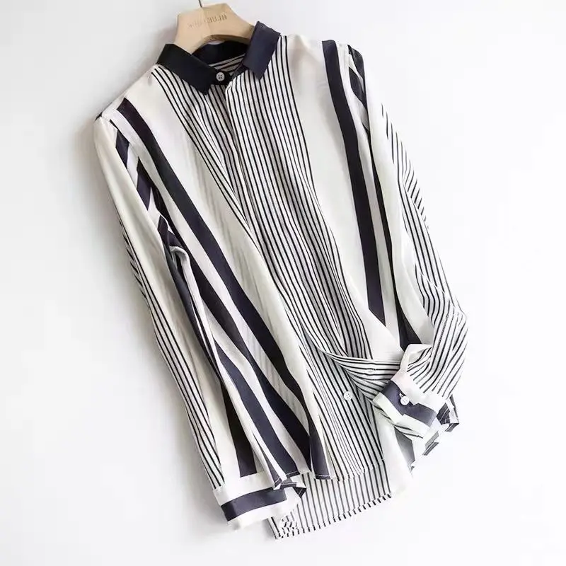 Striped Color Matching Fashion Single-breasted Blouse Women New Long Sleeve Loose Polo Collar Office All-match Lady Shirt 2023