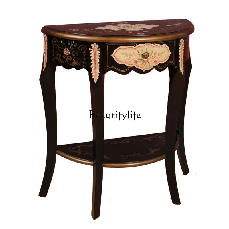 

*Light luxury American retro black gray brown semi-round table living room sofa side table