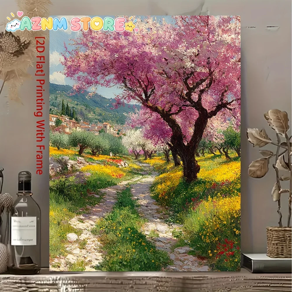 2D Flat 1pc Claude Monet Spring Blossoms Framed Canvas Painting - Impressionist Orchard Landscape Wall Art Suitable For Roman