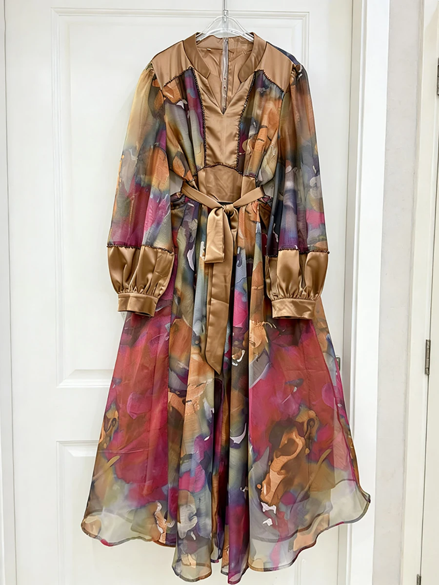 Vgh colorblock impressão malha drapeado vestidos para mulher com decote em v lanterna manga emendado rendas até elegante vintage midi vestido feminino