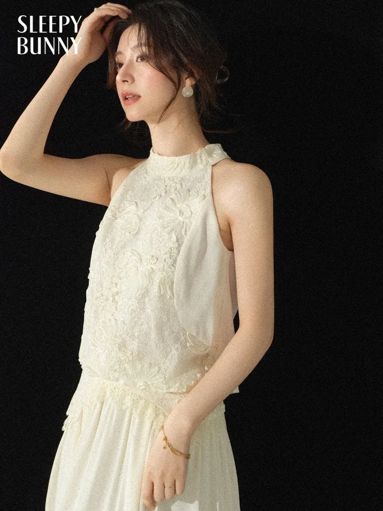 

Women Halter Embroidered Top Maxi Skirt Set Lace Patchwork Sleeveless Blouse High Waist Skirt Elegant Flowing Outfit Summer Lady