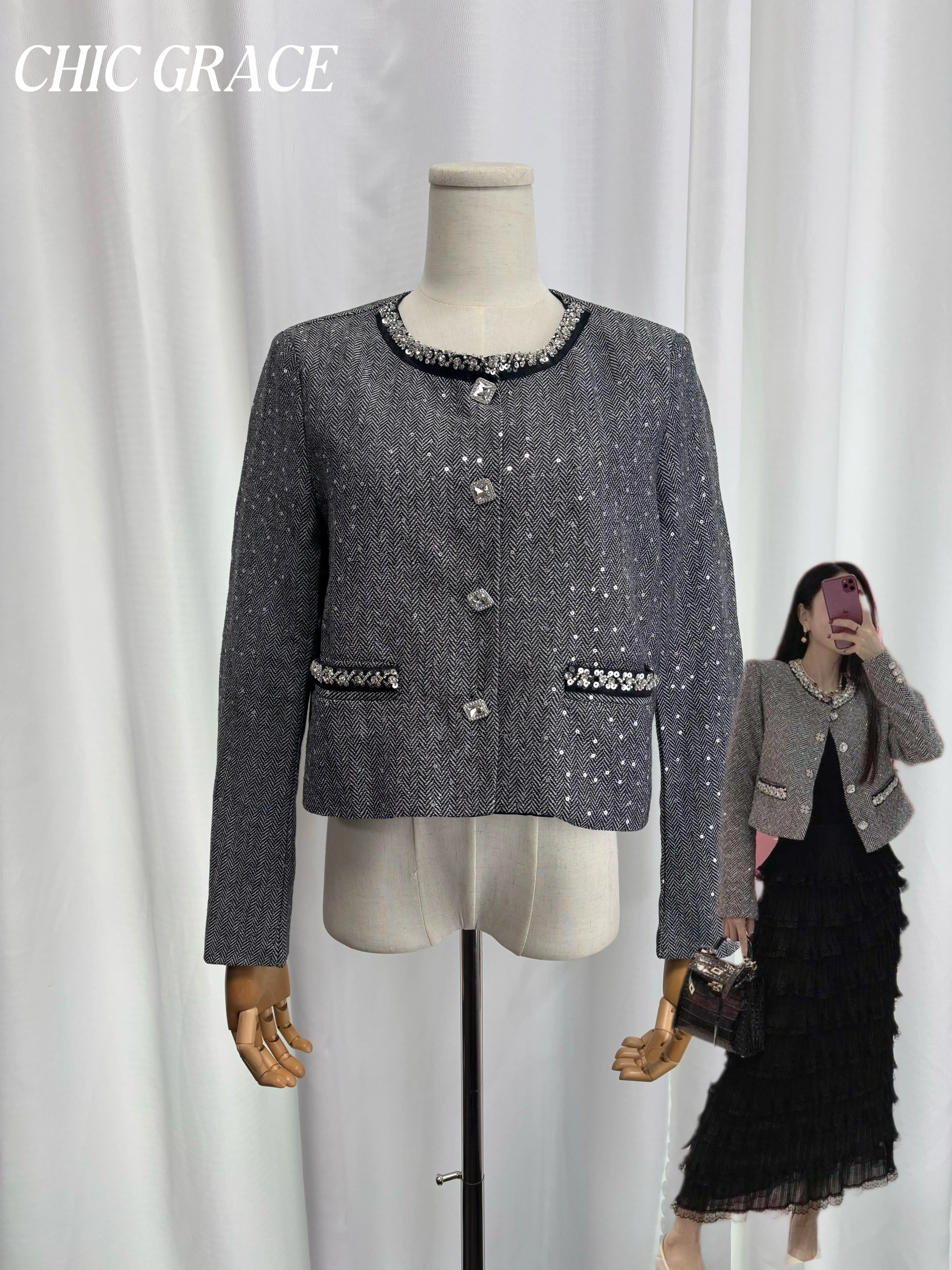 Real Shot Women's 2025 Spring French Elegant Heathered Tweed Blazer Cropped Long Sleeve Heavy Duty Rhinestone Embellished Luxury