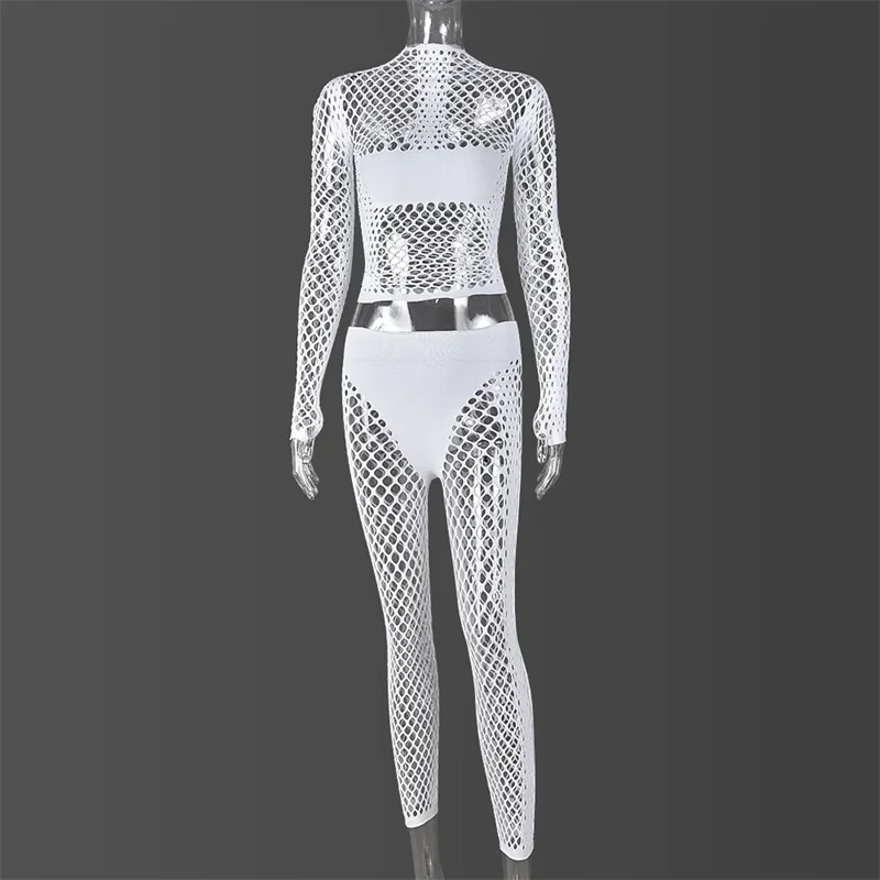 Sexy Fishing Net Style Stretch Jumpsuit Women Nightclub Party Long Sleeve Rompers Summer Female Slim Fit Pencil Long Pants 2024