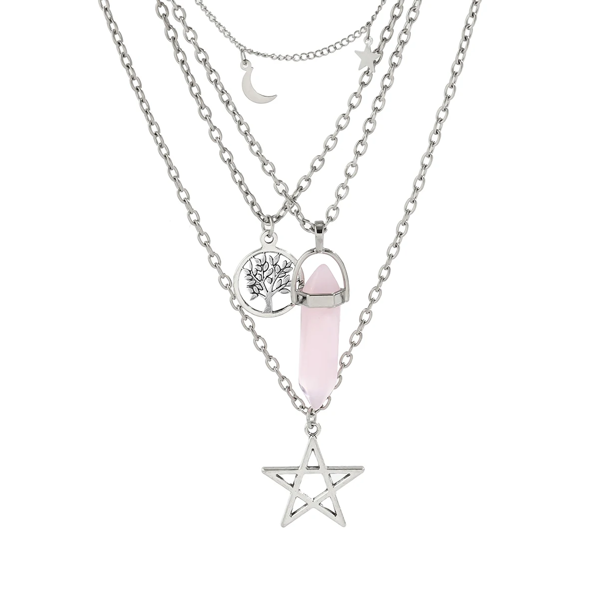 4Pcs Ethnic Pink Crystal Star Pentagram Pendant Choker Necklace for Women Elegant Moon Tassel Chain Party Jewelry Accessories