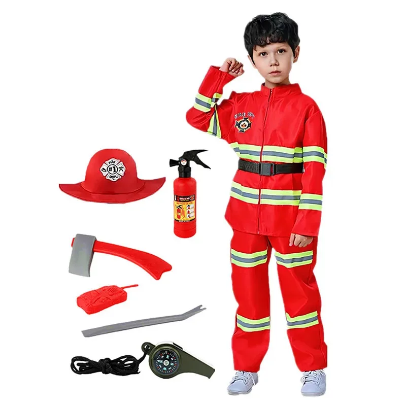 

Boy's Professional Fire Fighter Clothing with Accessories Set - Realistic Fireman Jacket & Pants Outfit with Reflective Stripes
