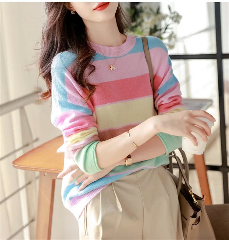 Rainbow Striped Round Neck Slim Sweet Korean Knitwear Women Spring Autumn Casual Long Sleeve Pullover Tops Chic Knitted Sweaters