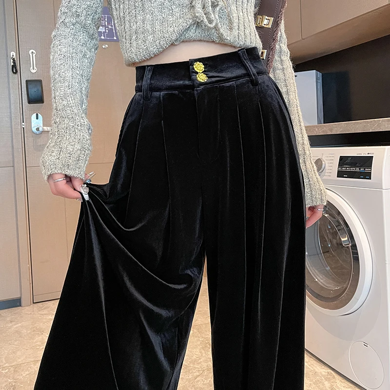 

Женские брюки, корейский модный бархатный костюм, широкие брюки с высокой талией, прямые брюки, черный, золотой, повседневный, универсальный, осенний, новый
