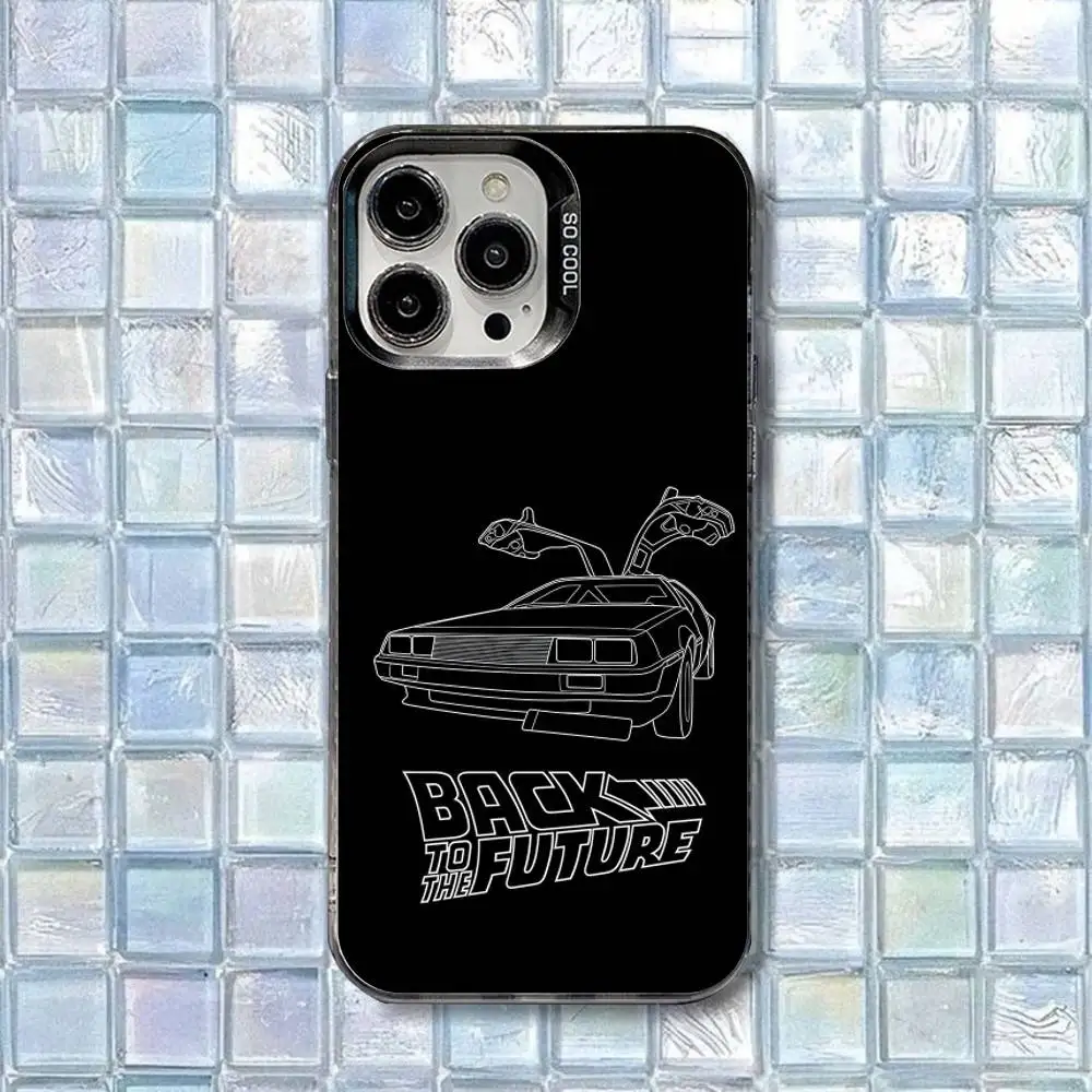 B-Back To The Future Delorean Schematische telefoonhoes voor iPhone 16,15,14,13,12,11,8,7,Pro,Max,Plus,Mini,XS,SE Zwart Matte Cover