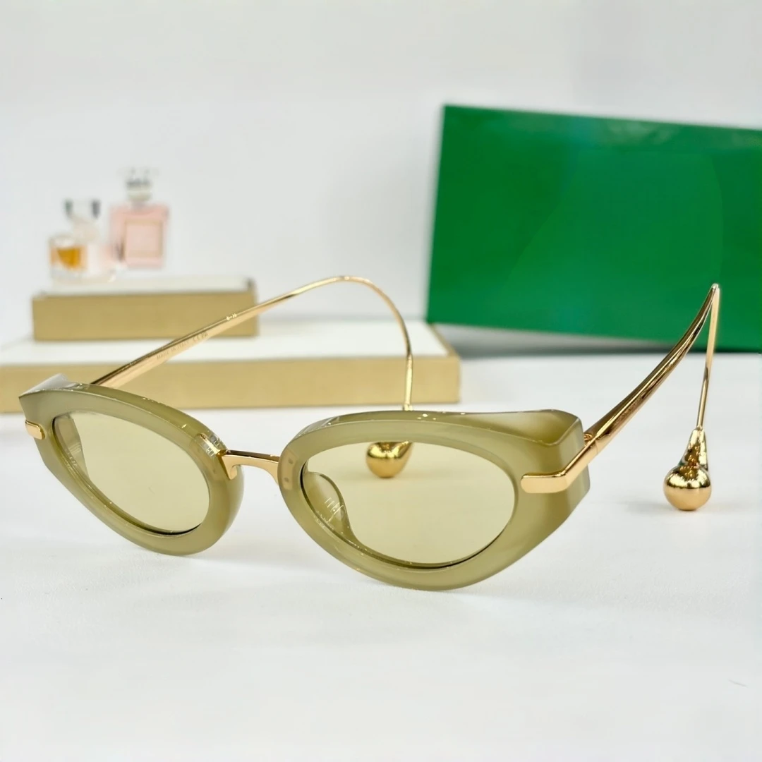 2038LA Y2K Cat Eye Sunglasses Woman Man, Olive Green Frame Gold Drop Detail, Trendy Sweet Cool Style Streetwear Shades