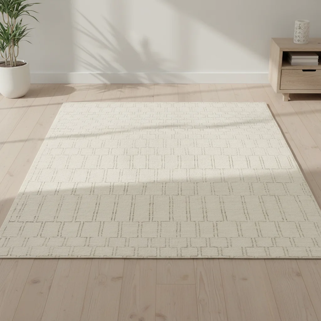 ！@Ivory Color Asymmetrical Grid Wool Carpet Shading Smooth Sheared Finish Luxury Rug Living Room Rug