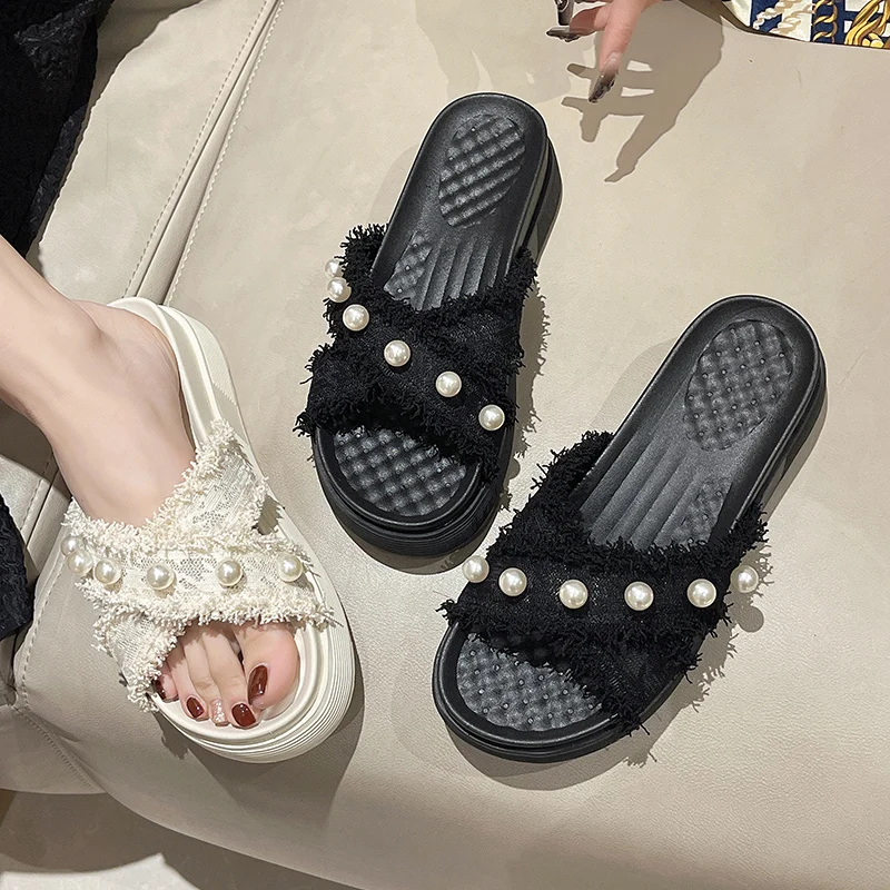 Shoes Med String Bead Slippers Flat Slipers Women Platform Slides Fashion 2024 Luxury Summer Rubber PU Cotton Fabric Slippers Ca