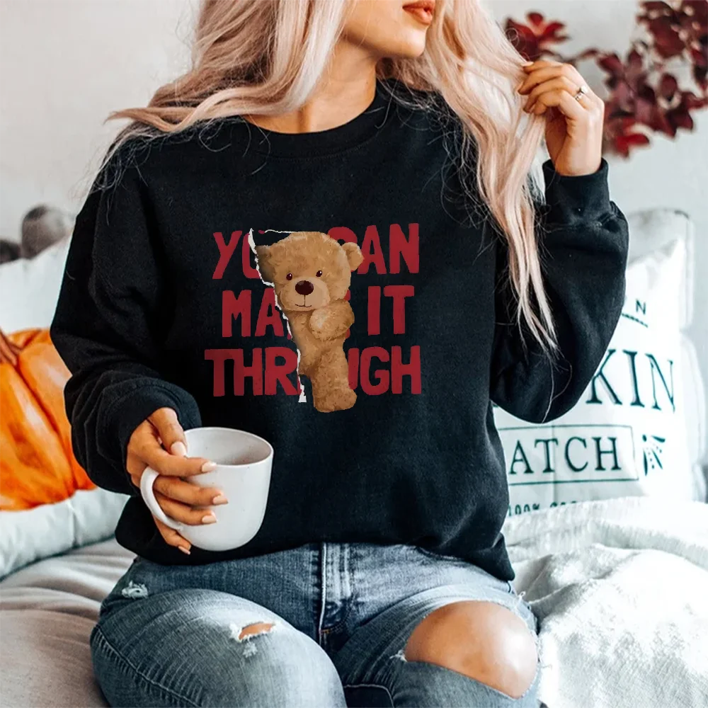 Graphic Hoodies Retro Vintage Sweatshirt Red Letters Plush Bear Y2K Casual Daily Wear Unisex Versatile Stylish Pullover Tops