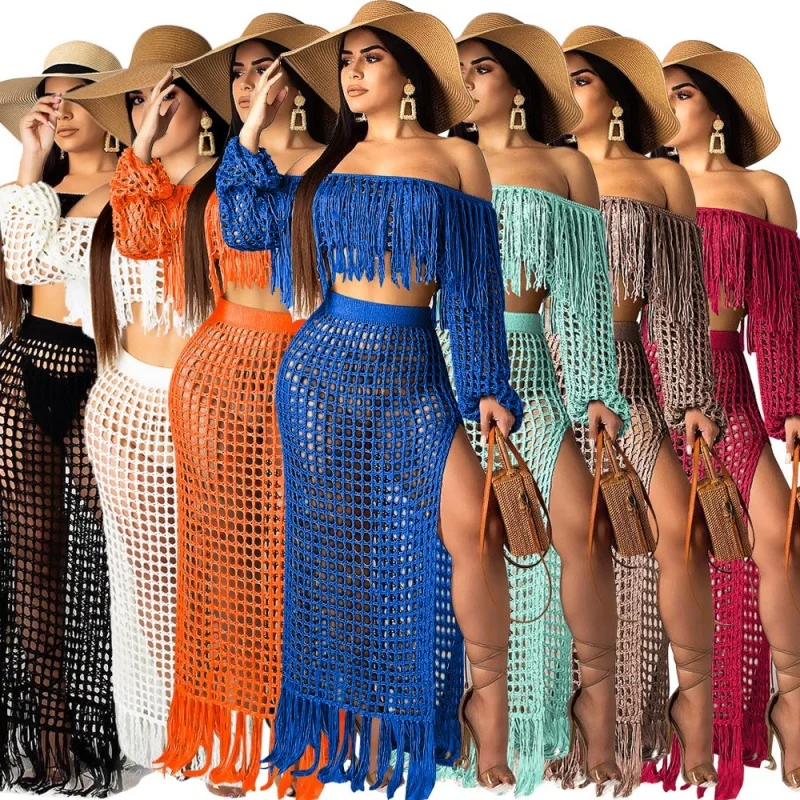 

Simple Crochet Tassel Suits for Women Sexy Off Shoulder Long Sleeve Crop Top High Waist Slit Long Skirt Beach Cover-up Two Piece